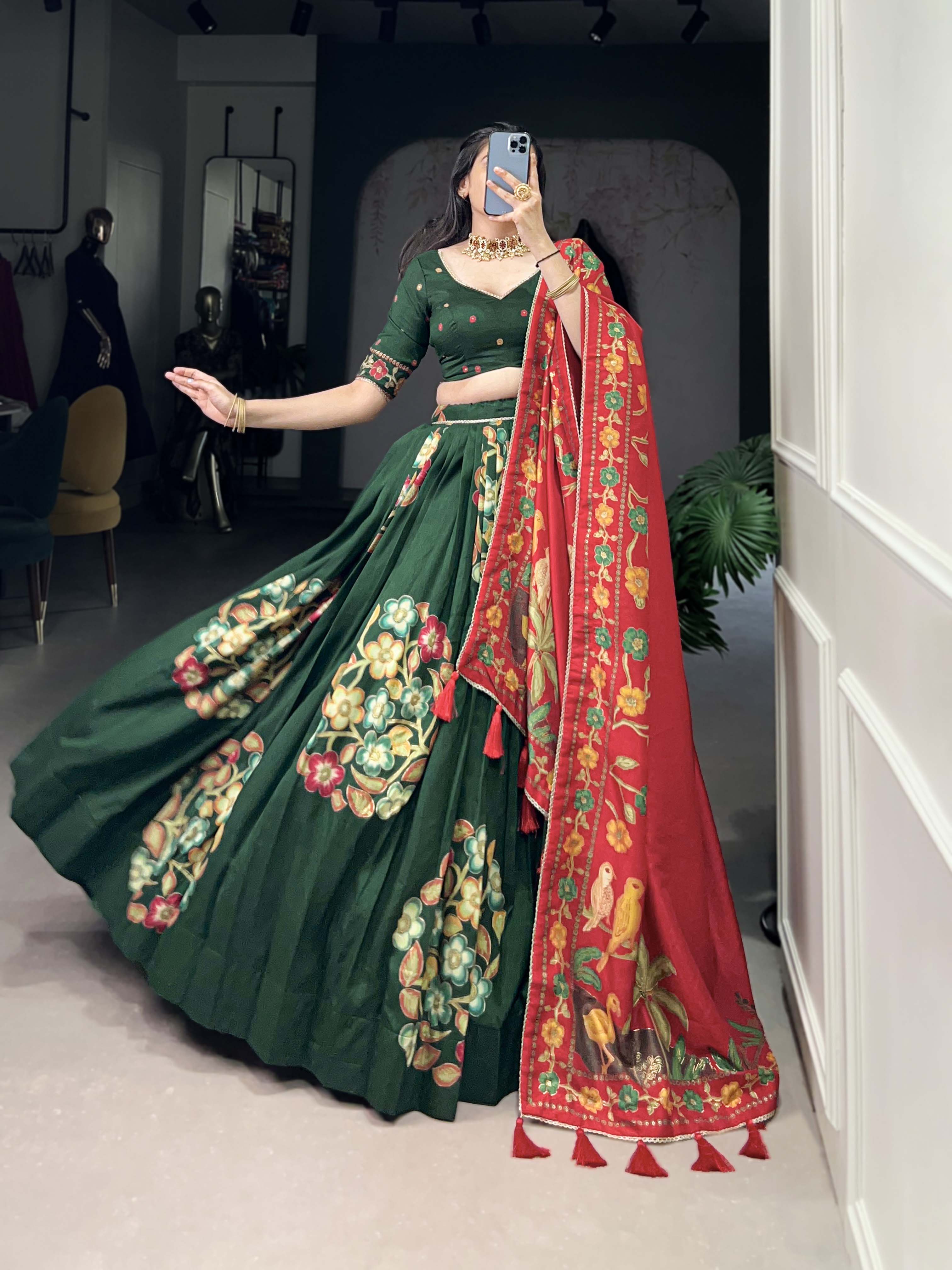 Green Color Printed And Foil Work Tussar Silk Lehenga Choli