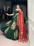 Green Color Printed And Foil Work Tussar Silk Lehenga Choli