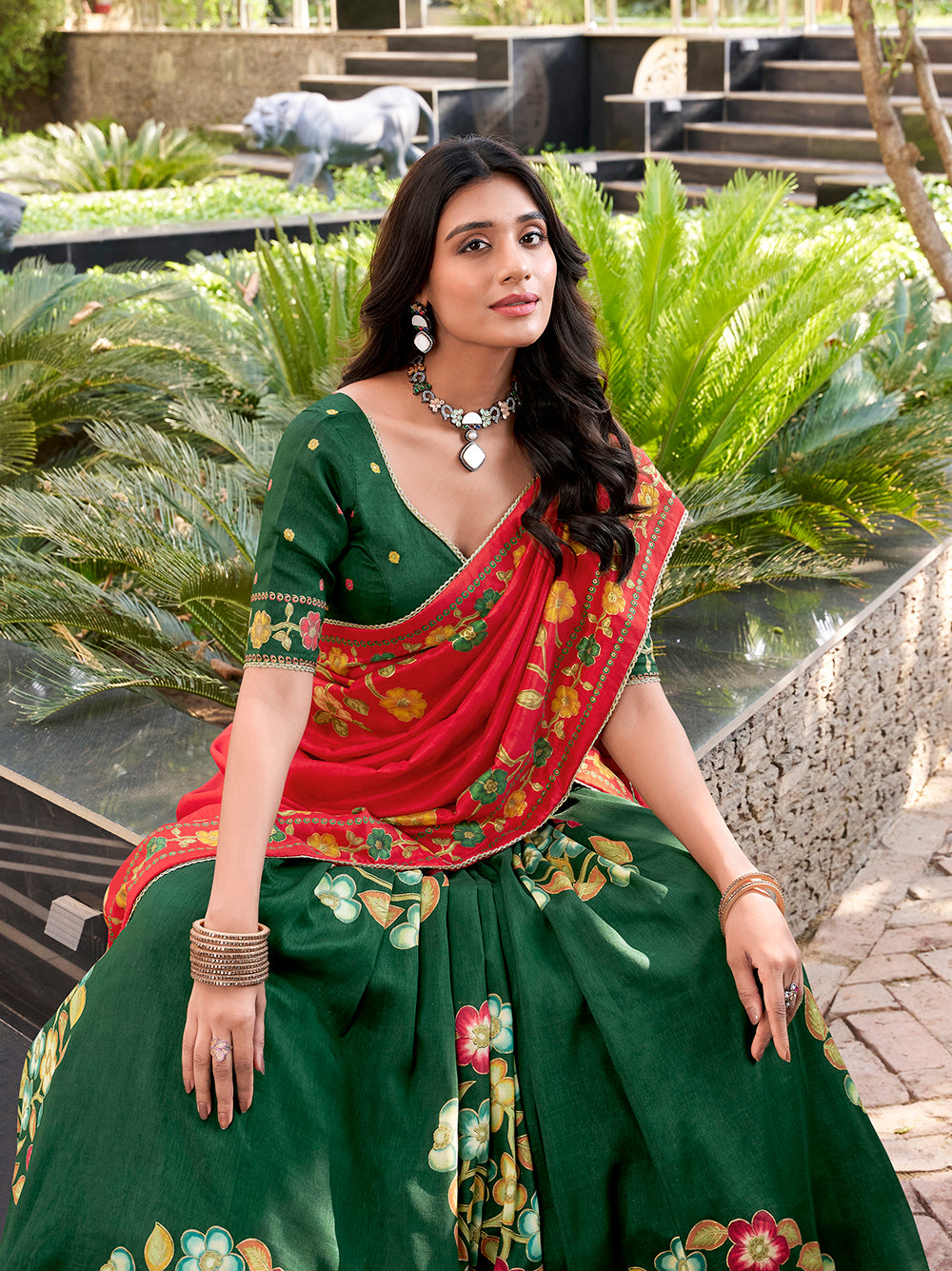 Exhibition wear green Tussar silk lehenga choli