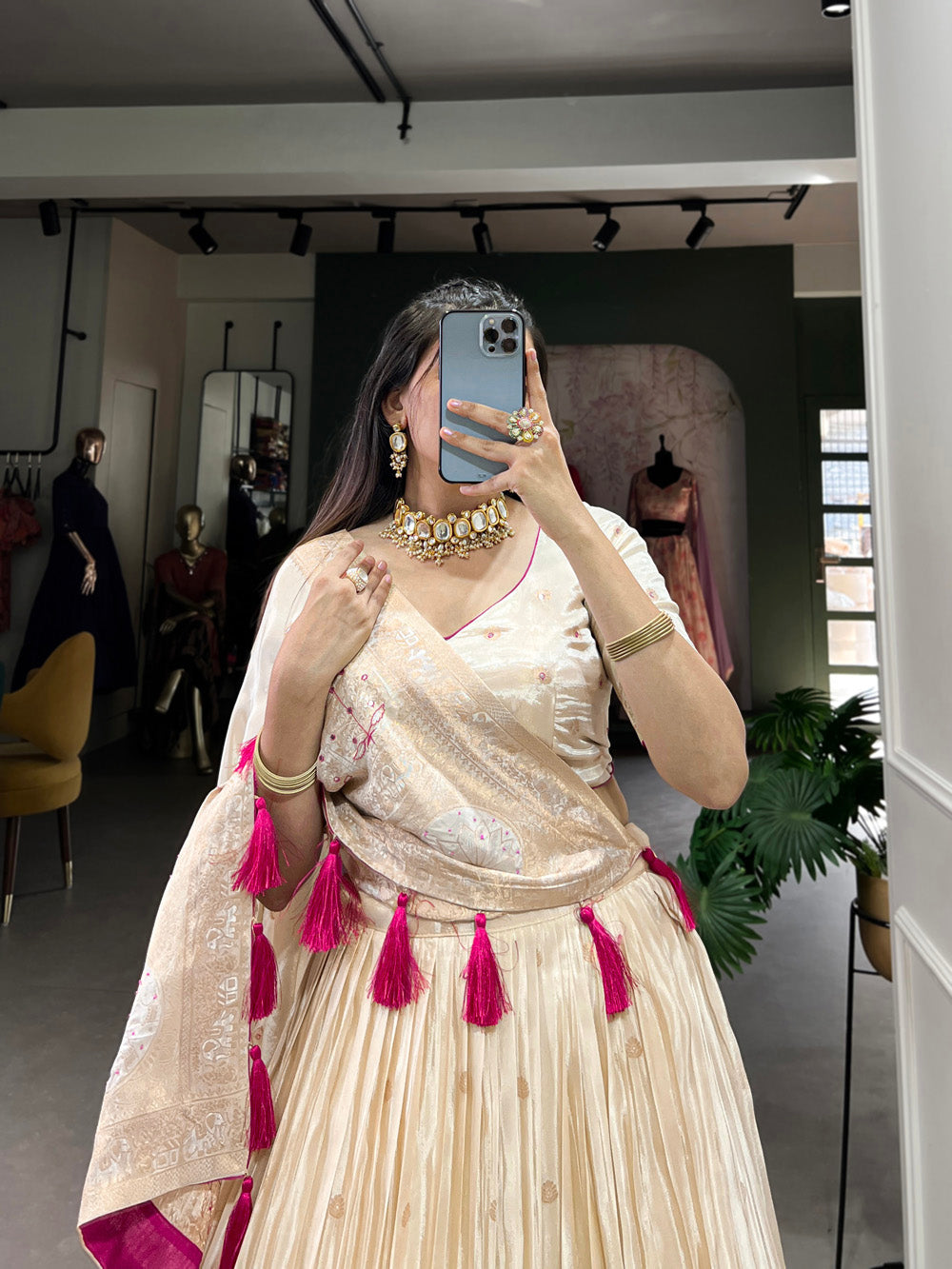 Pink Color Mirror And Bids (Moti) Handwork Shimmer With Weaving Work Lehenga Choli