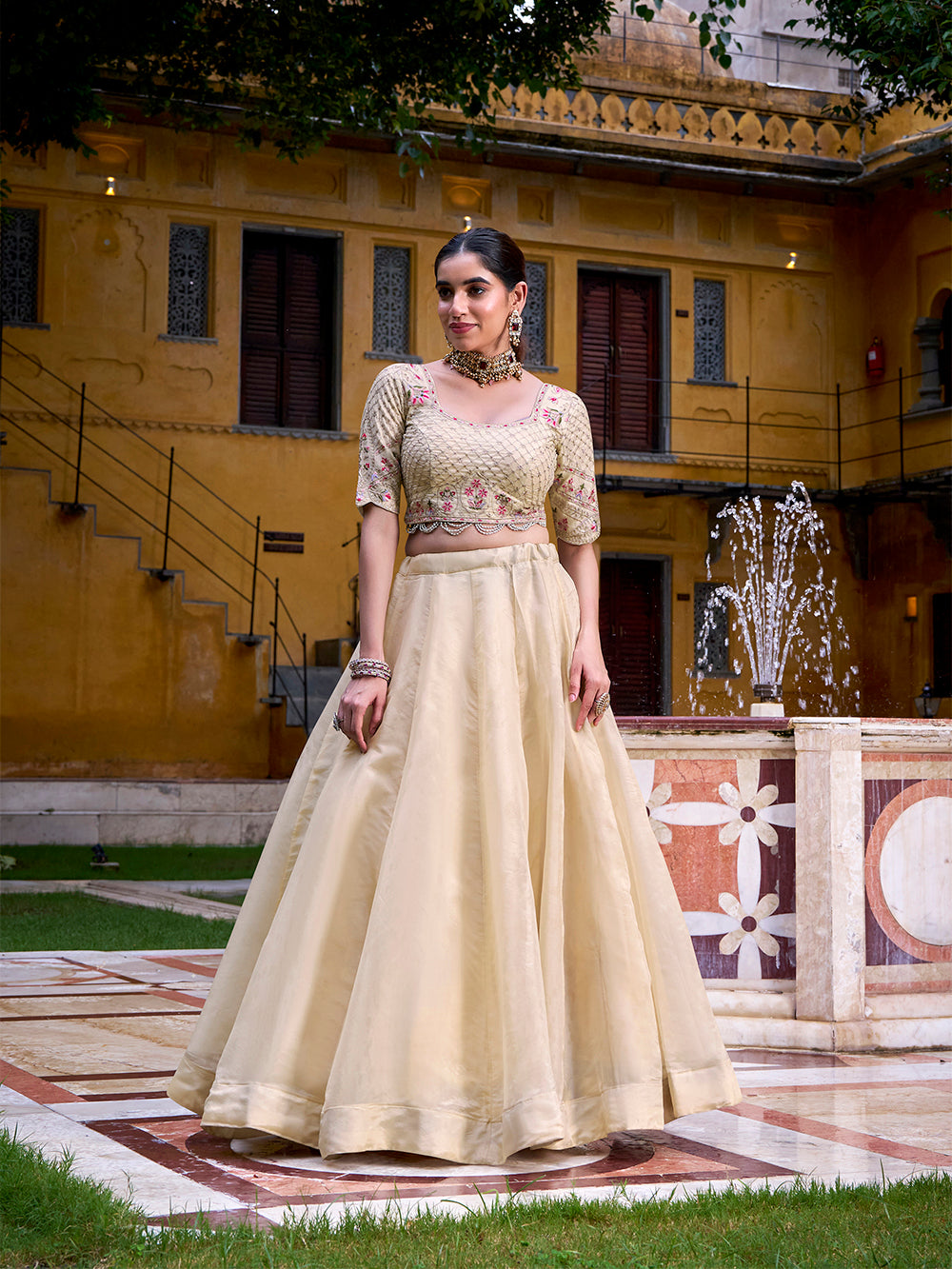 Cream Lehenga Choli with Lace Touch Blouse