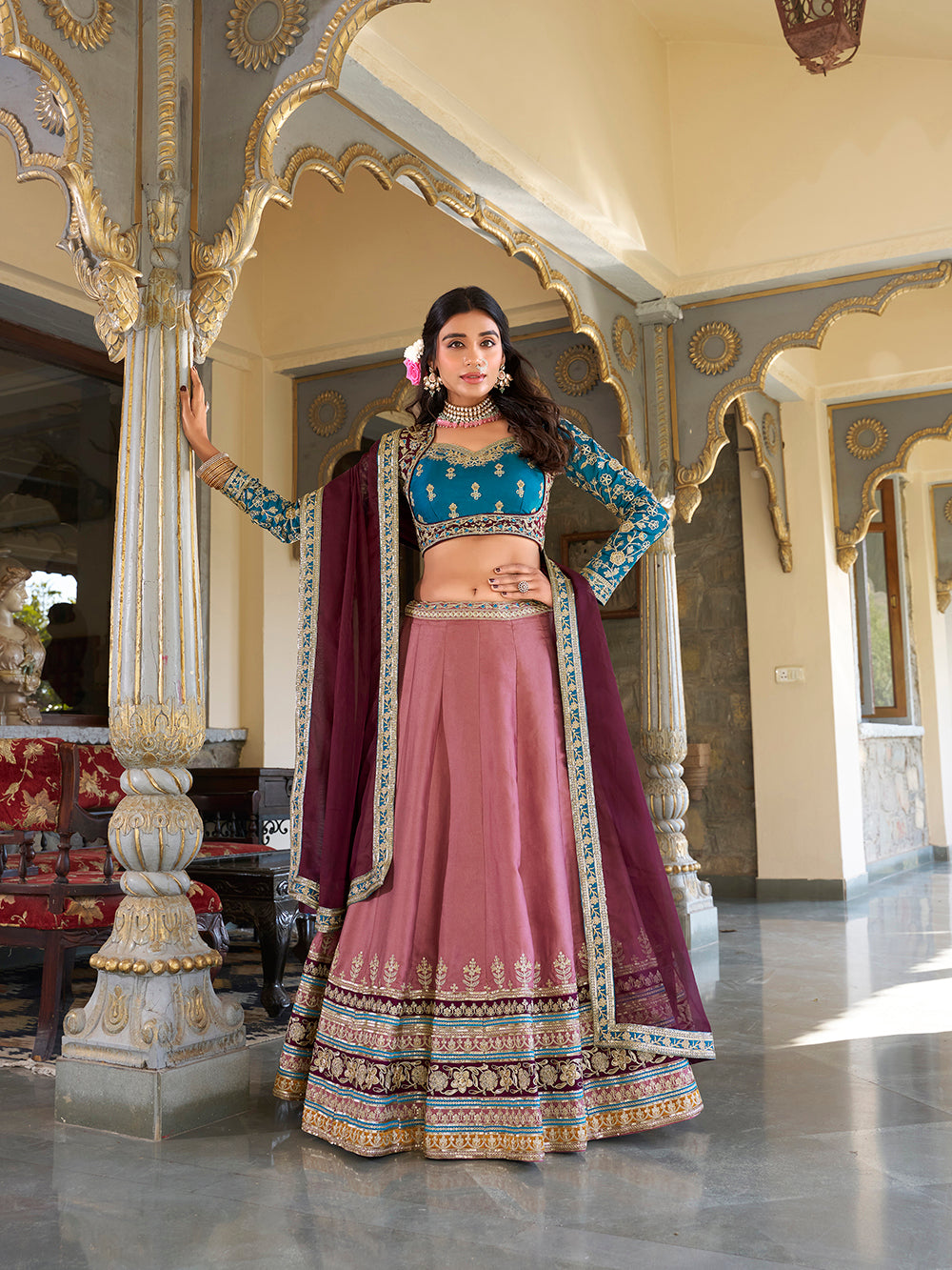 Peach Color Sequins And Thread Embroidery Work Moonga Silk Lehenga Choli