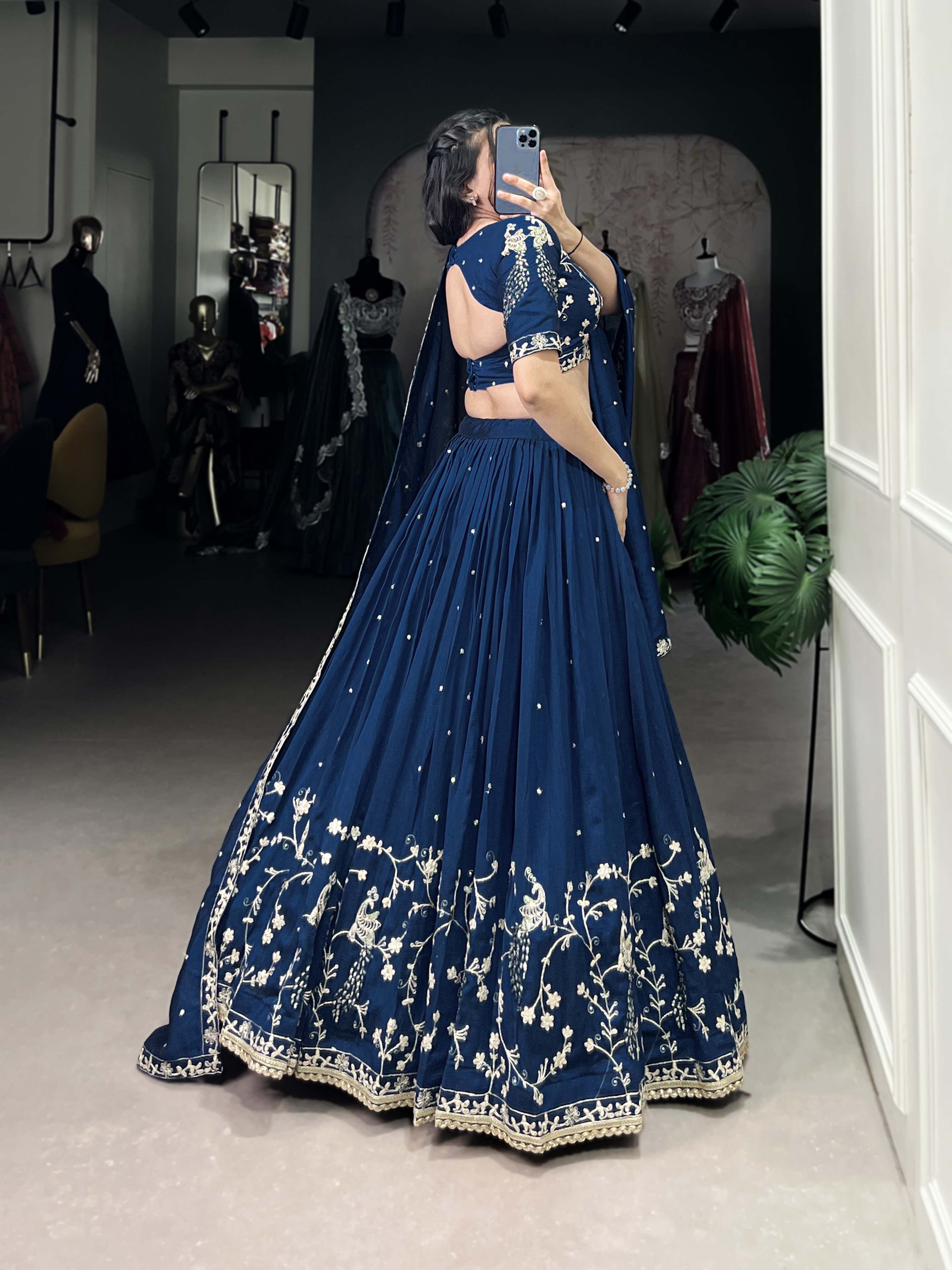Firozi Color Sequins And Thread Embroidery Work Vichitra Silk Lehenga Choli