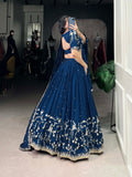 Firozi Color Sequins And Thread Embroidery Work Vichitra Silk Lehenga Choli
