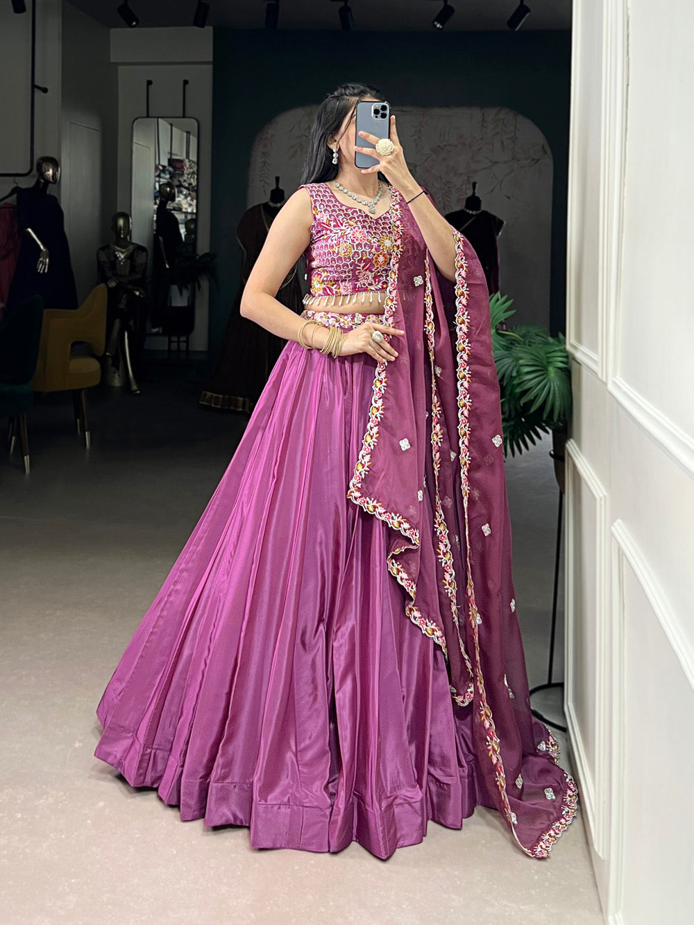Magenta Pink Color Sequins and Thread Embroidery Work Silk Crepe Lehenga Choli