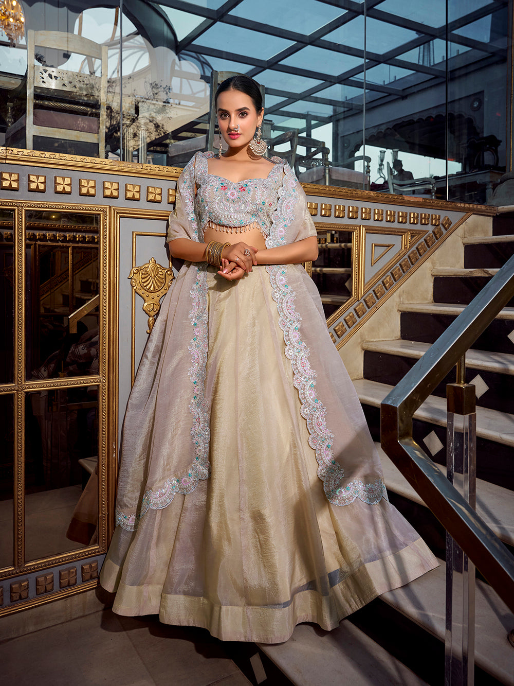Cream Color Sequins And Thread Embroidery Work Gold Crush Lehenga Choli
