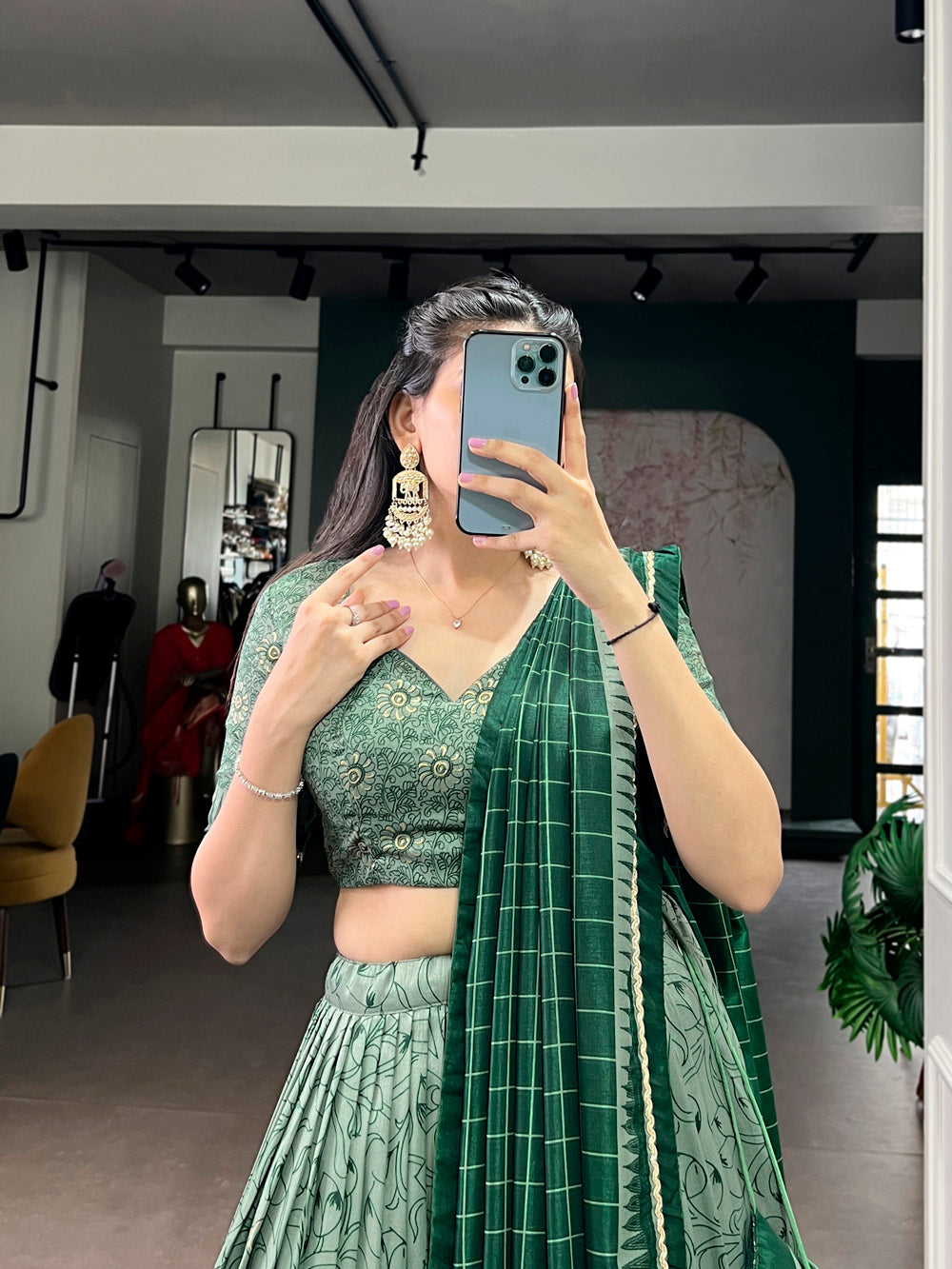 Green Color Kalamkari Printed Lehenga Choli