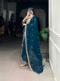 Teal Color Printed With Sequins and Thread Embroidery Work Rayon Salwar Suit
