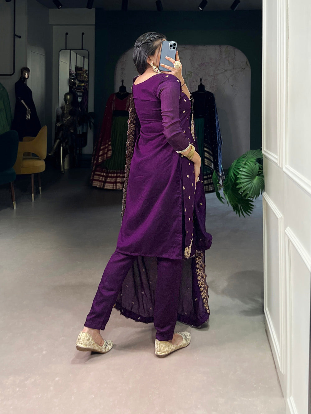 Purple Color Sequins And Thread Embroidery Work Vichitra Silk Salwar Suit