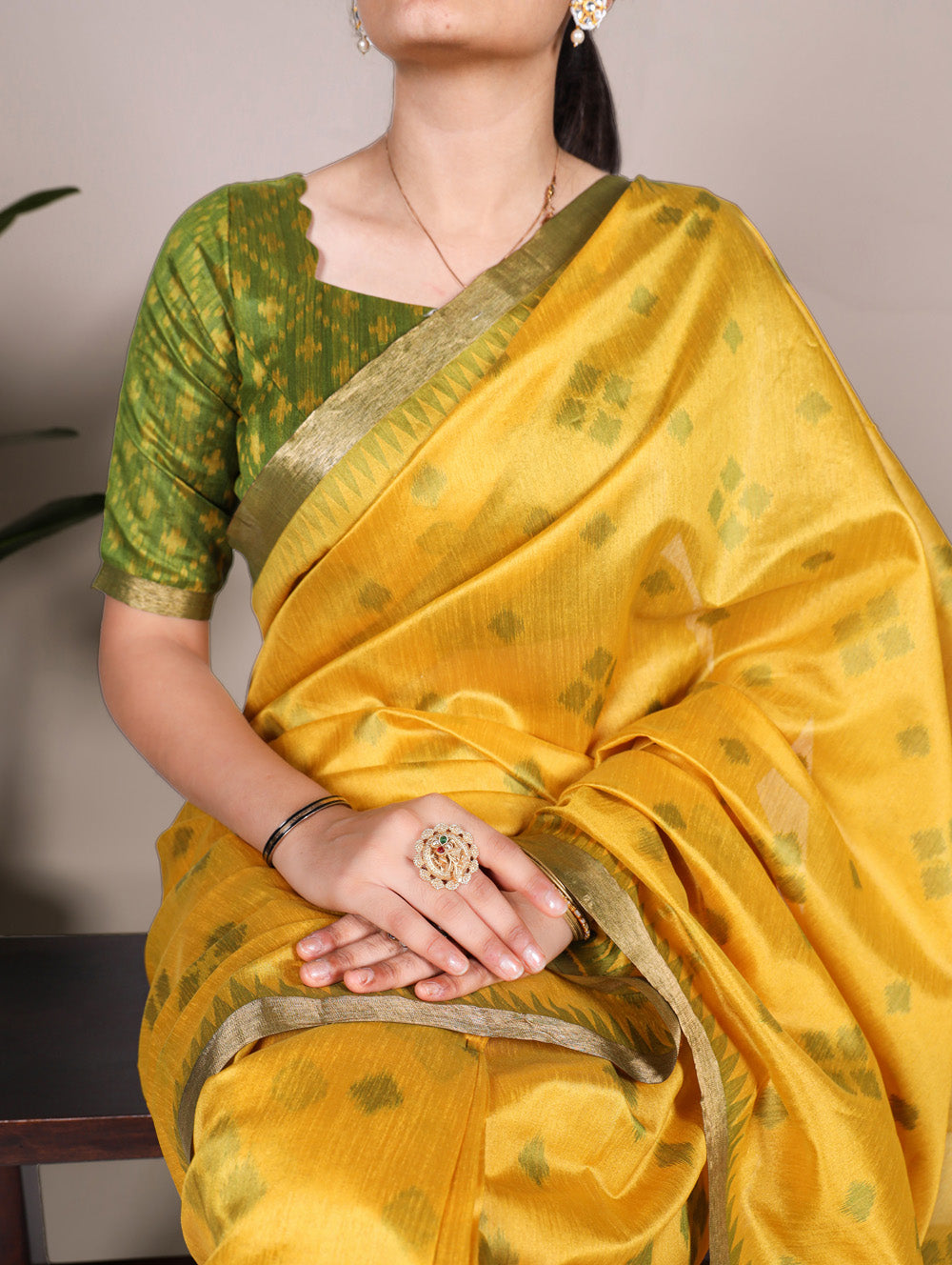 Jacquard silk saree with green unstitched blouse