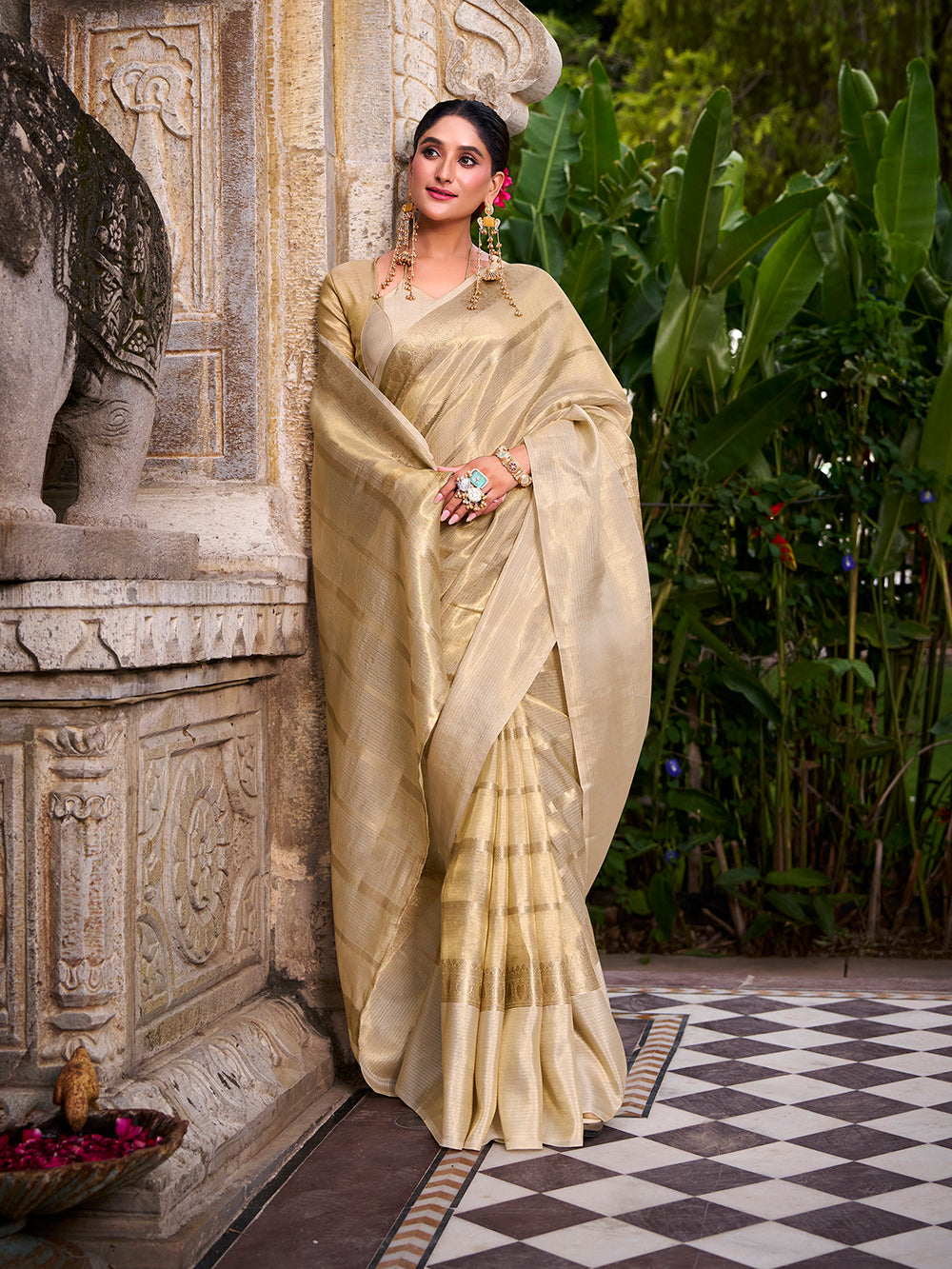 Off white gold tissue zari weaving saree