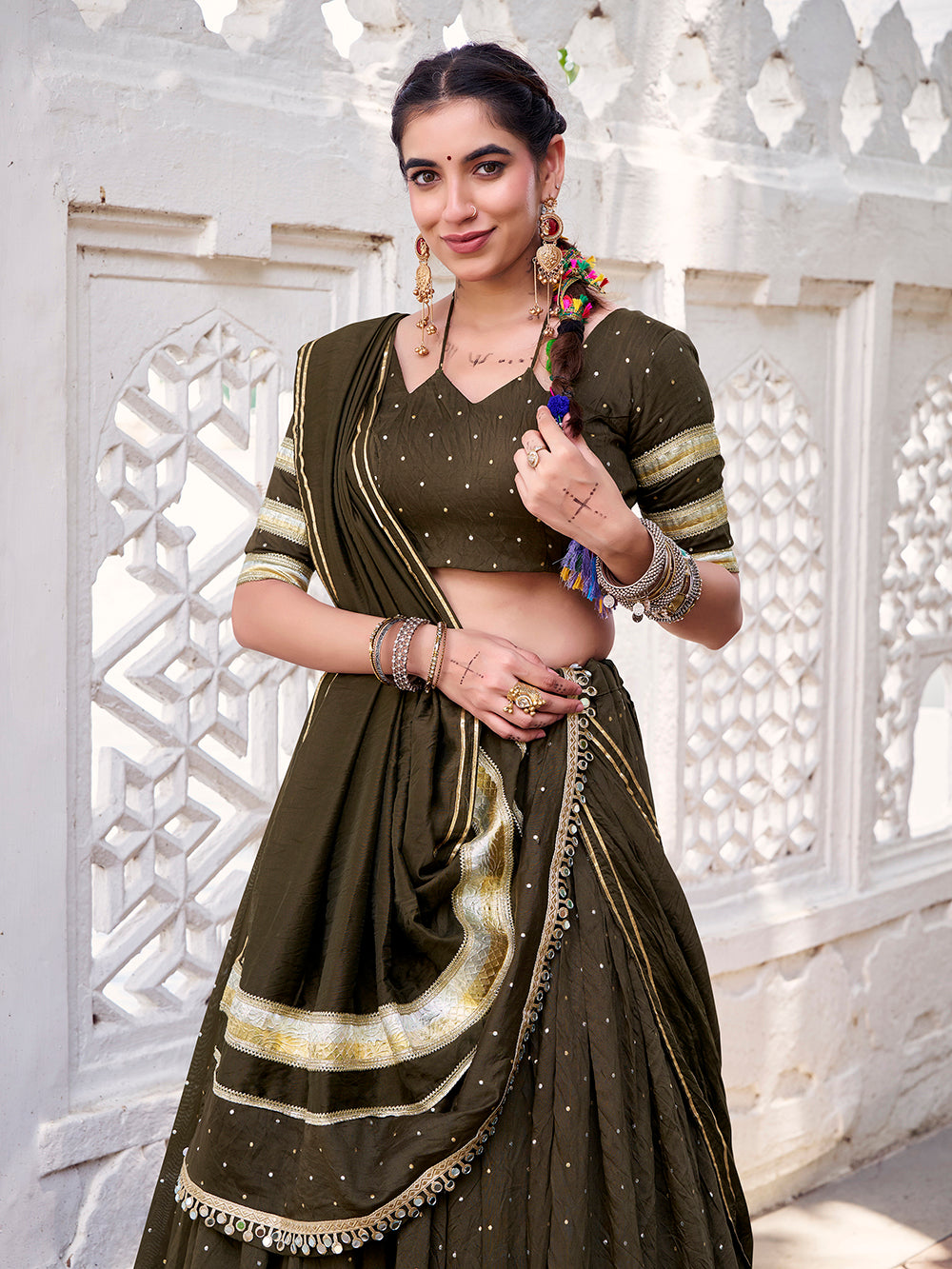 Zari weaving festive lehenga in mehendi color