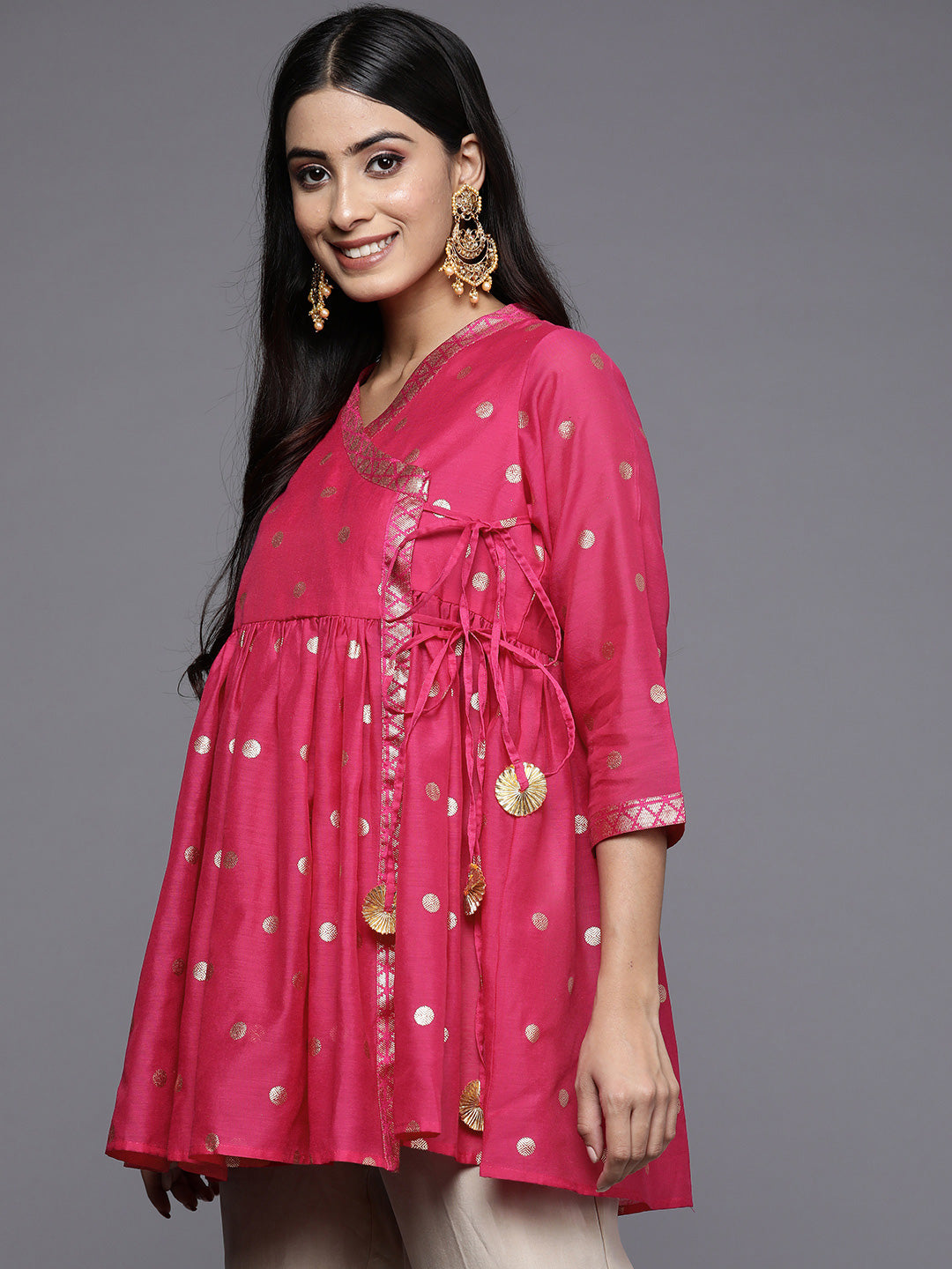 Women's Pink Chanderi Printed Tunic Top