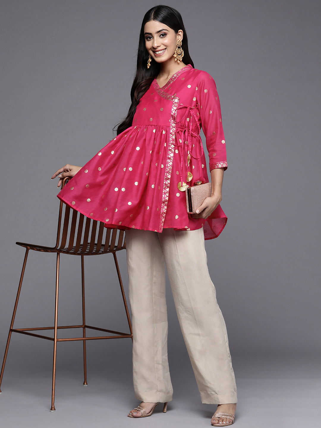 Women's Pink Chanderi Printed Tunic Top