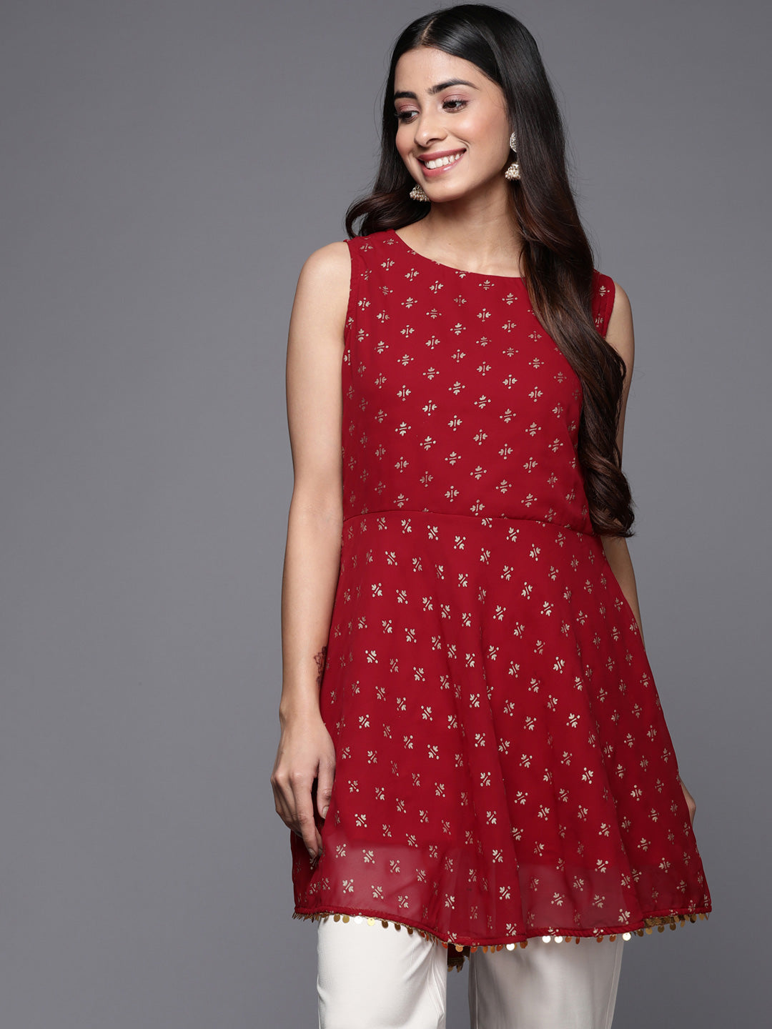 Women's Red Georgette Printed Tunic