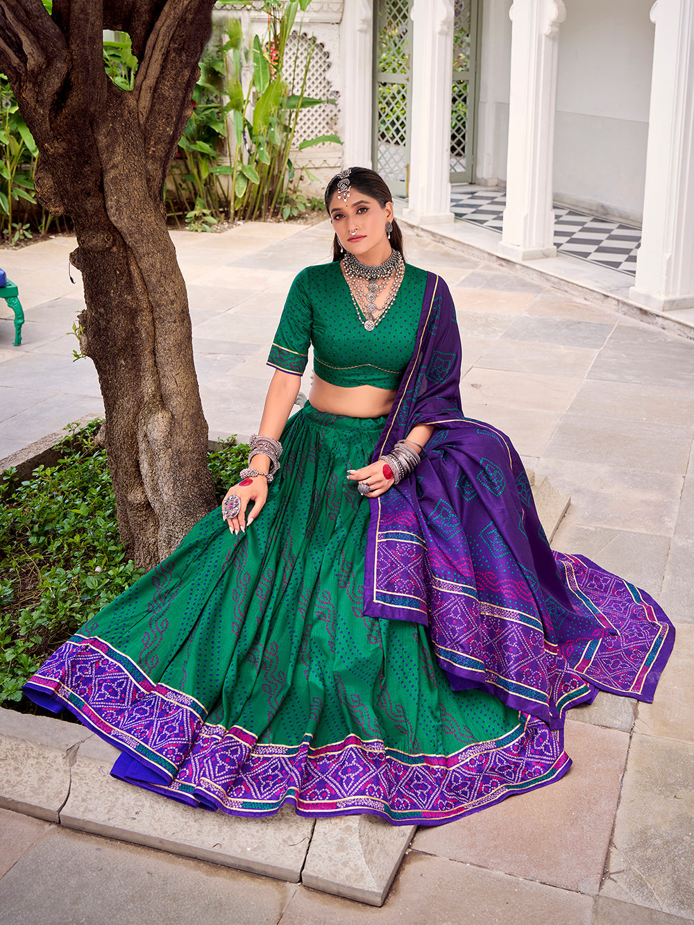 Traditional green bandhej festive lehenga