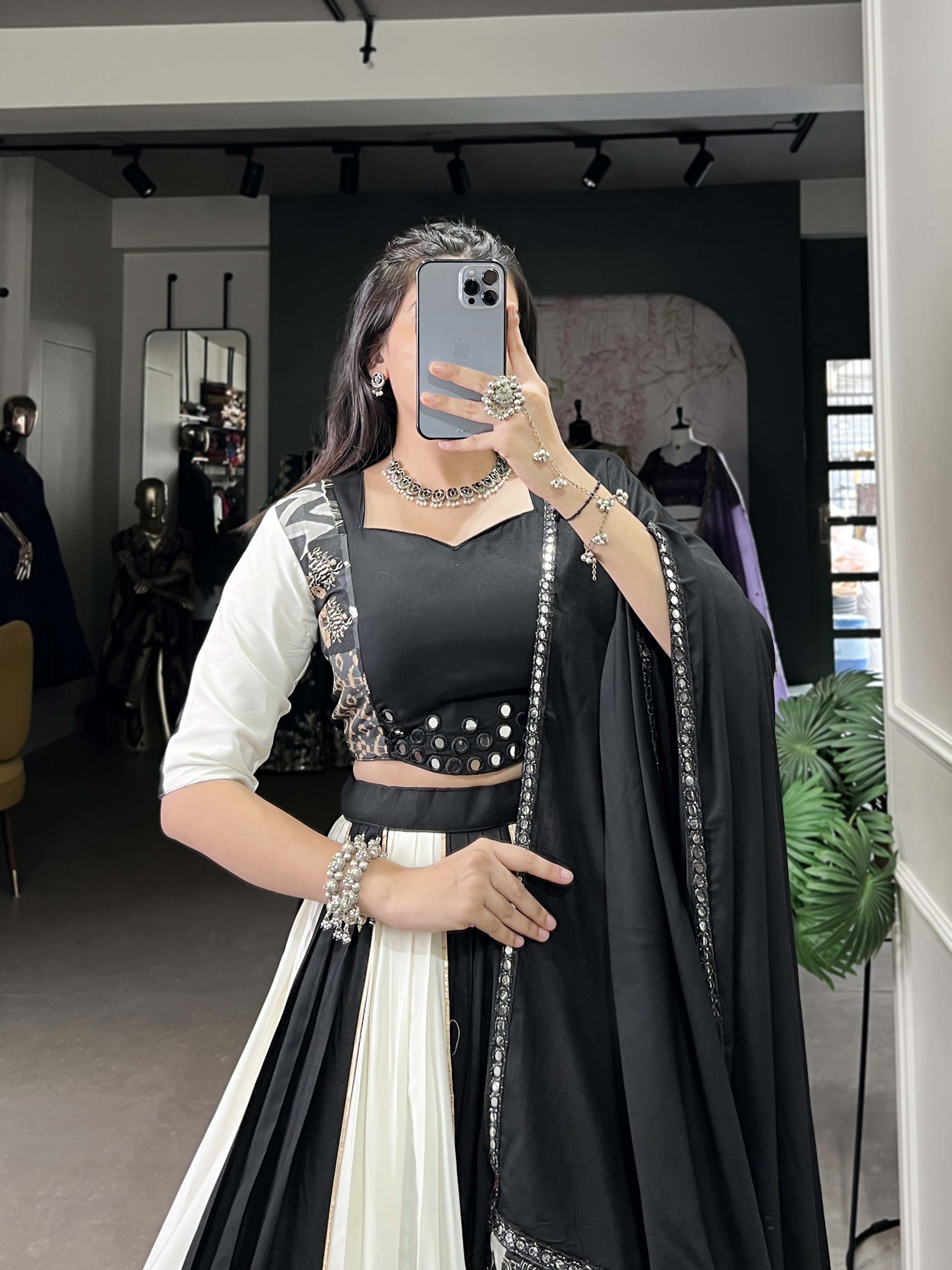 Black Color Plain And Printed With Paper Mirror Work Rayon Lehenga Choli