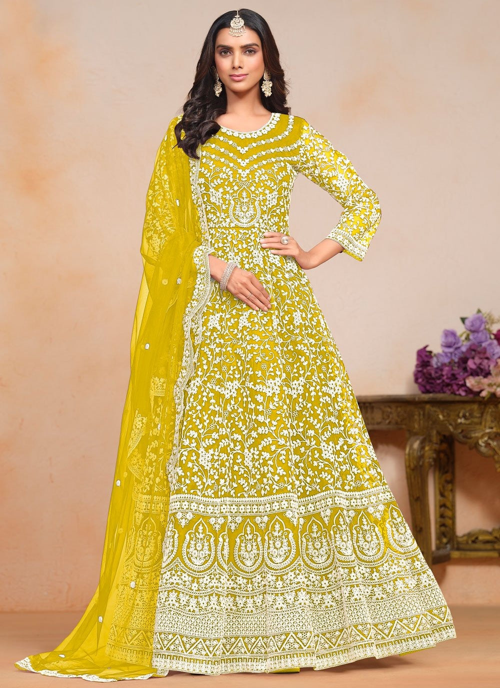 Designer yellow embroidered Anarkali suit for women