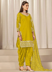 Yellow Chanderi Silk Punjabi Suit with Mirror Embroidery