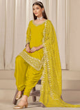Yellow Punjabi suit for women in Chanderi silk with real mirror embroidery and organza dupatta