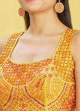 Yellow Chinnon Mirror sequins and Printed work Party wear lehenga