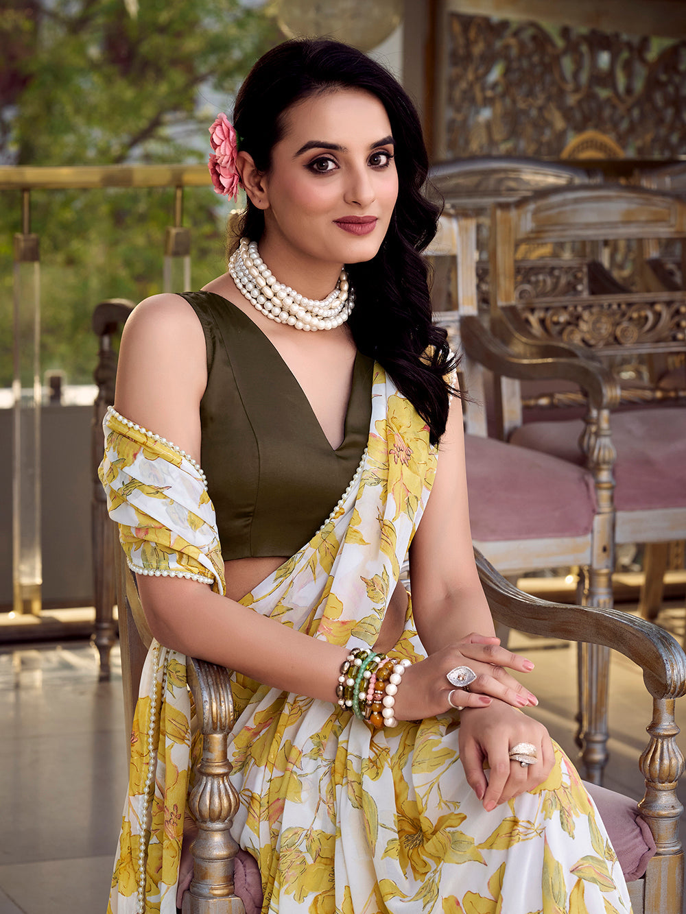 Lightweight floral saree with pearl detailing