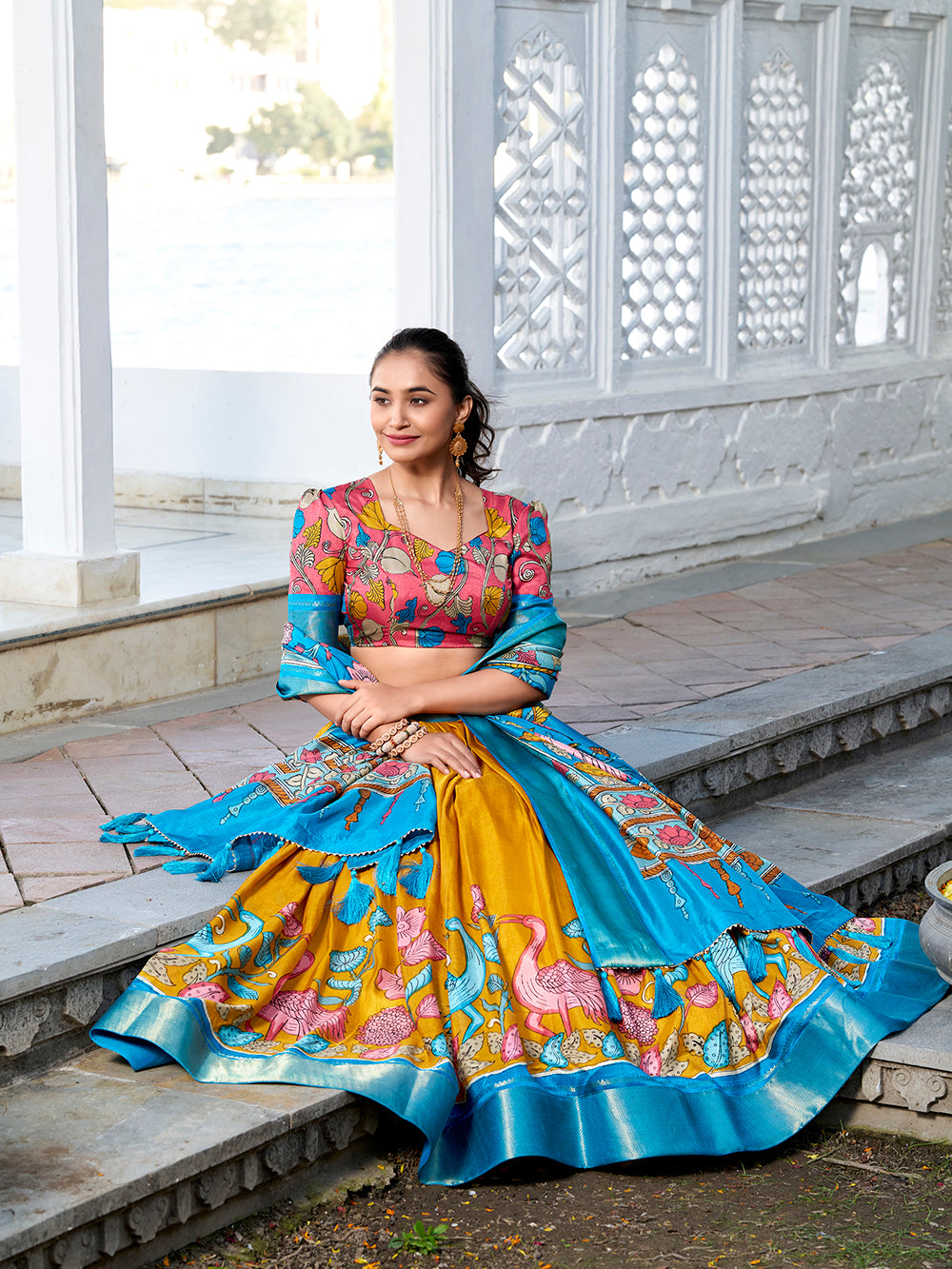 Yellow Color Printed (Kalamkari) With Zari Weaving Border Jacquard Silk Lehenga Choli