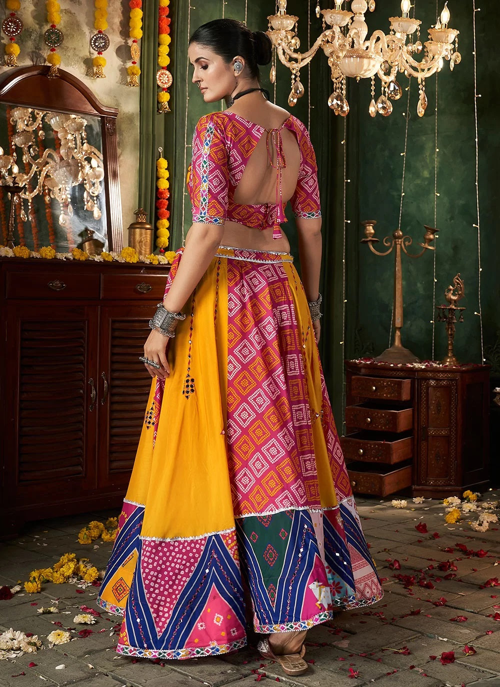 Yellow Color Navratri Special Lehenga In Maslin Cotton