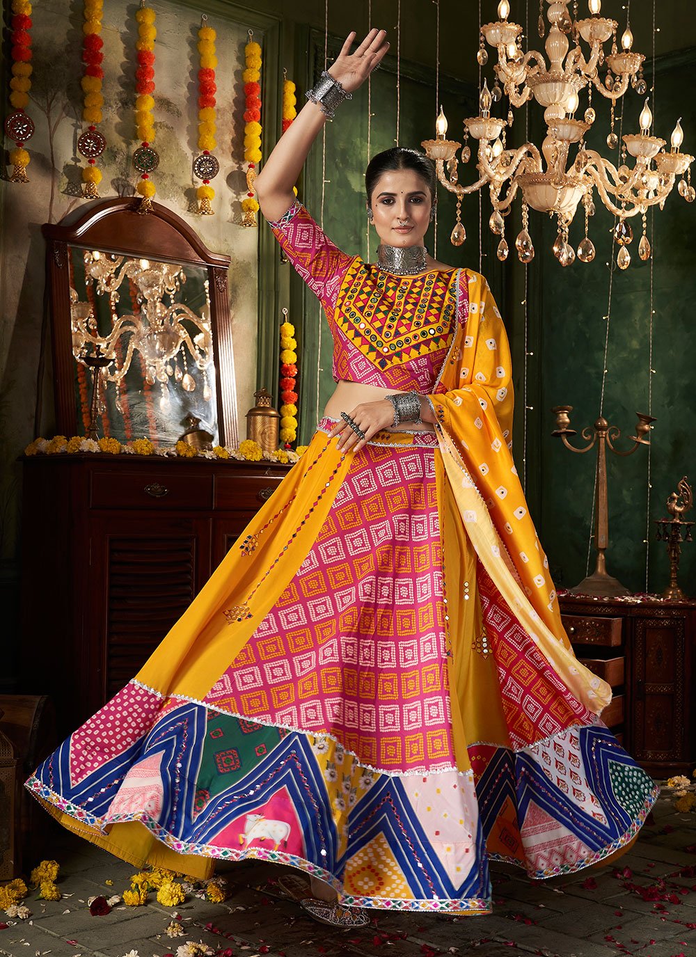 Yellow Color Navratri Special Lehenga In Maslin Cotton