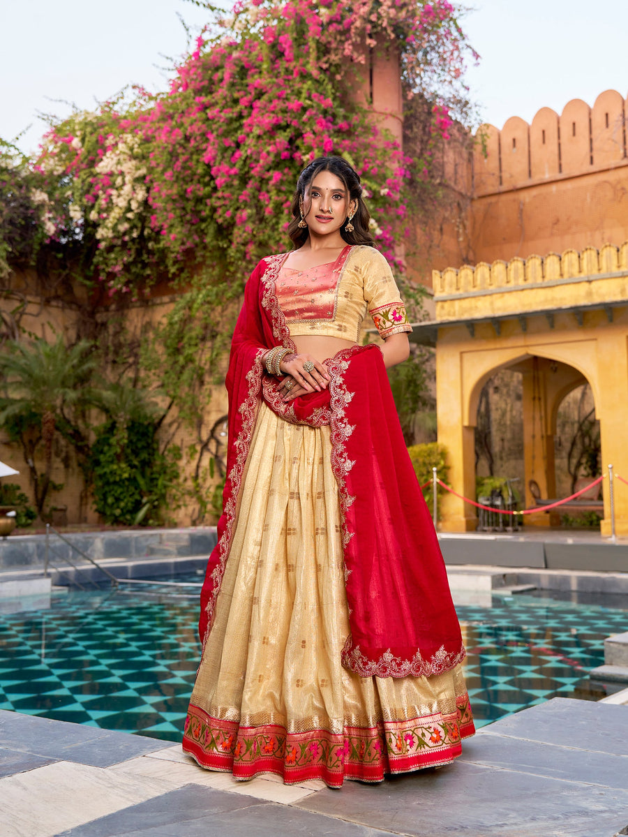 Zari weaving Work With Paithnai Border Lehenga