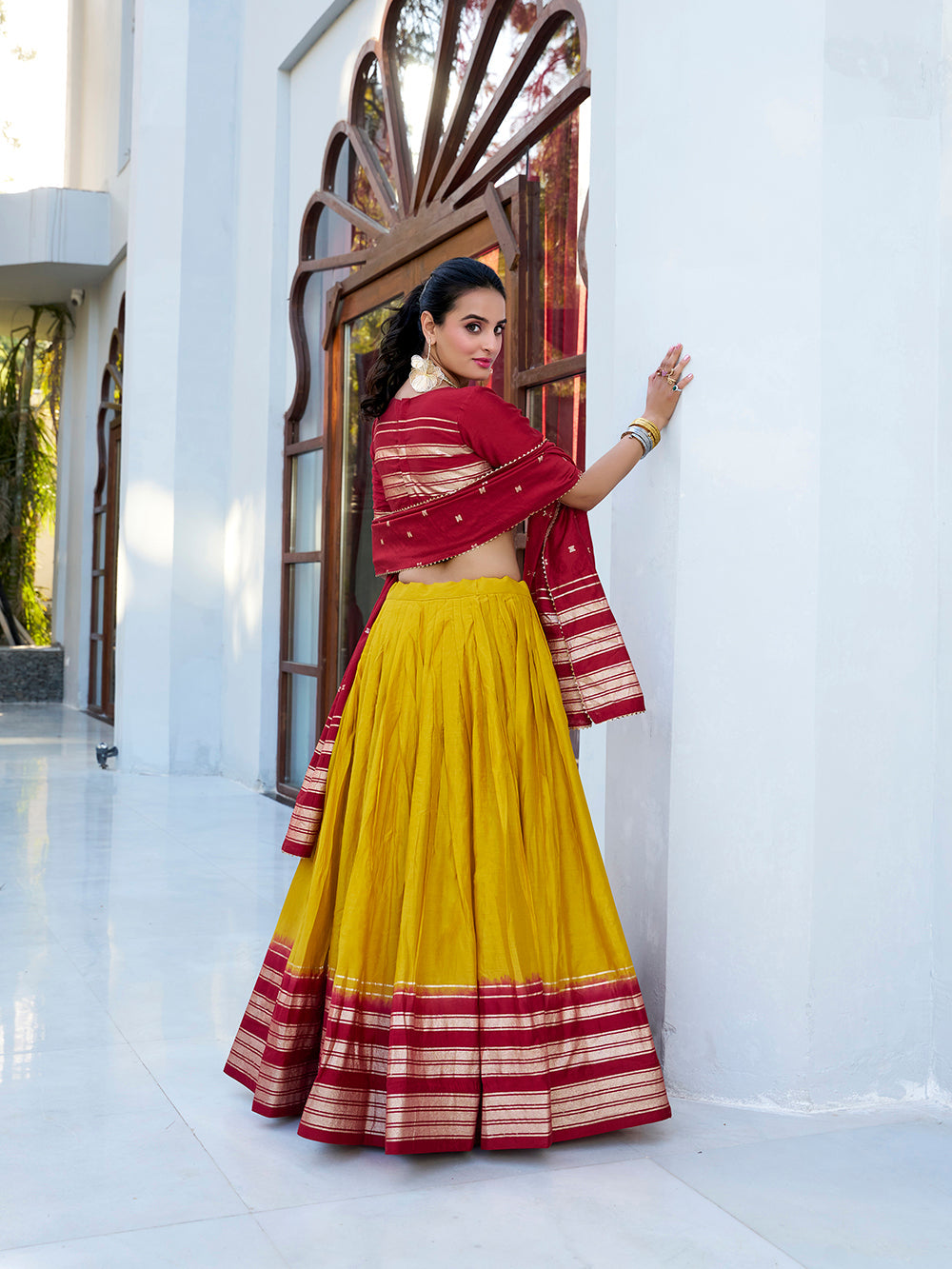 Yellow Color Plain With Zari Weaving Work border Pure Chanderi Lehenga Choli