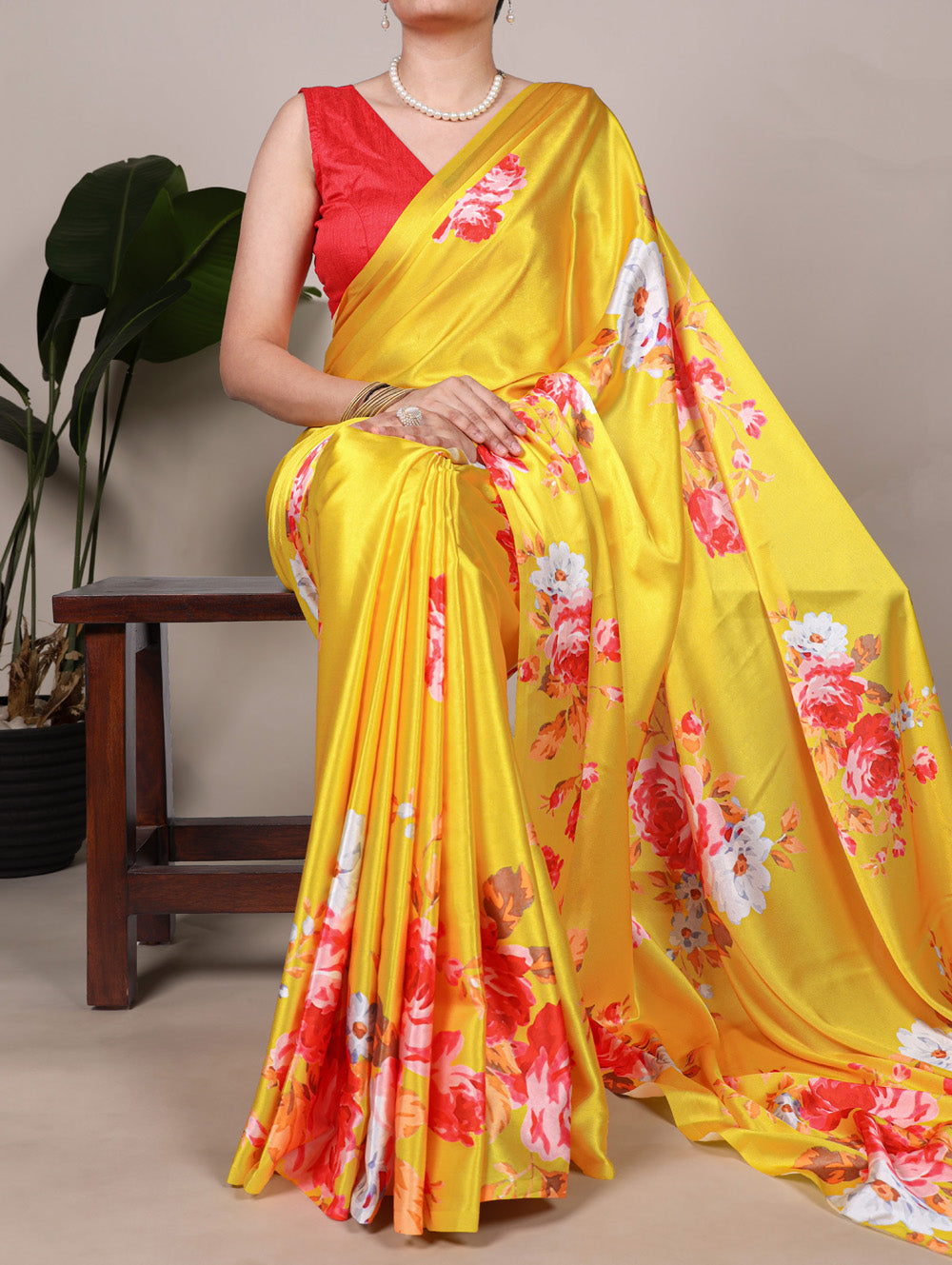 Floral print satin silk saree in yellow