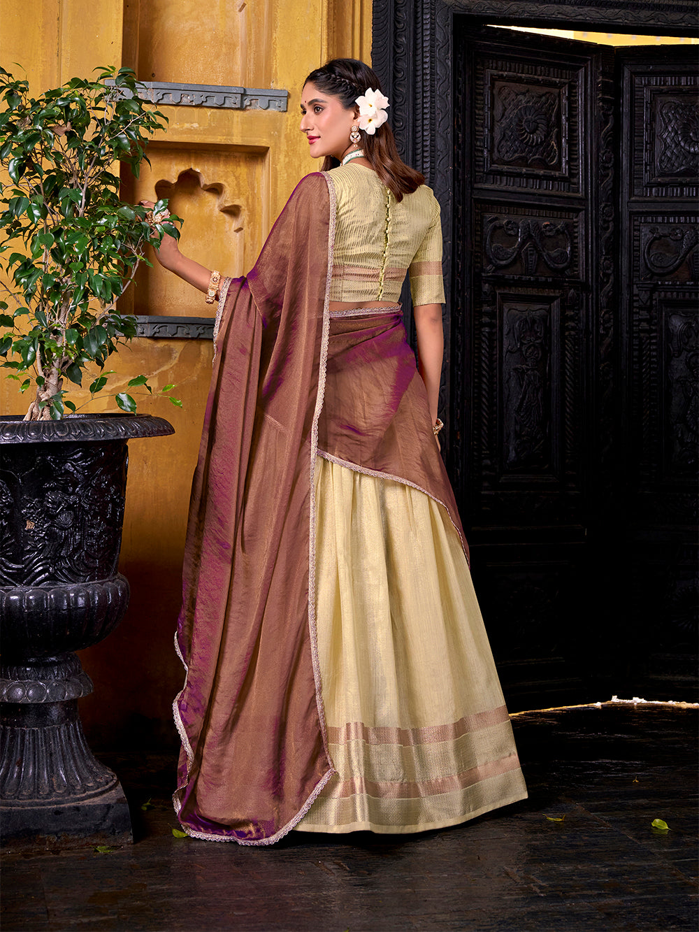 Dupion silk lehenga choli with lace border dupatta
