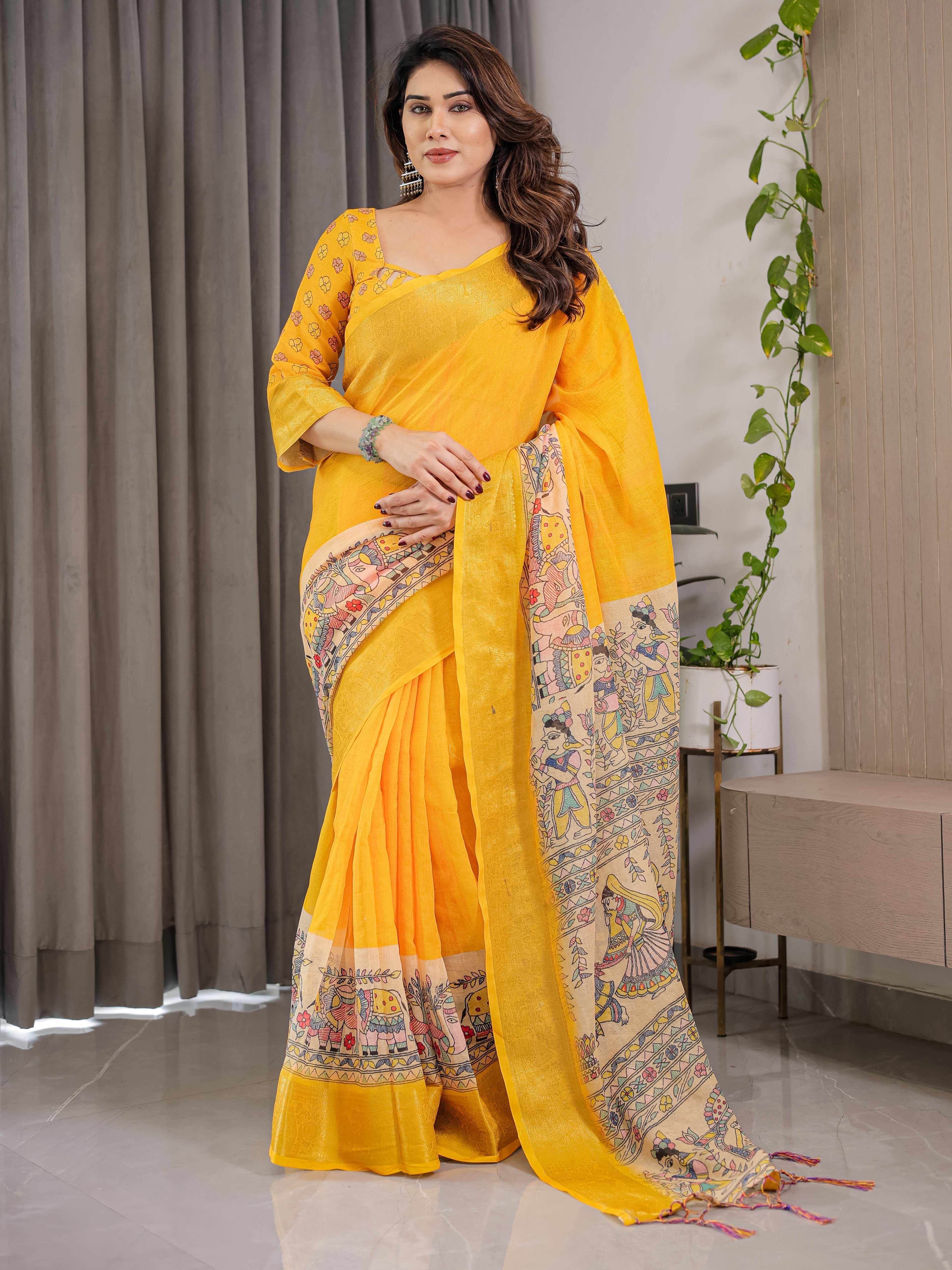 Yellow Madhubani Cotton Linen Saree with Zari Border