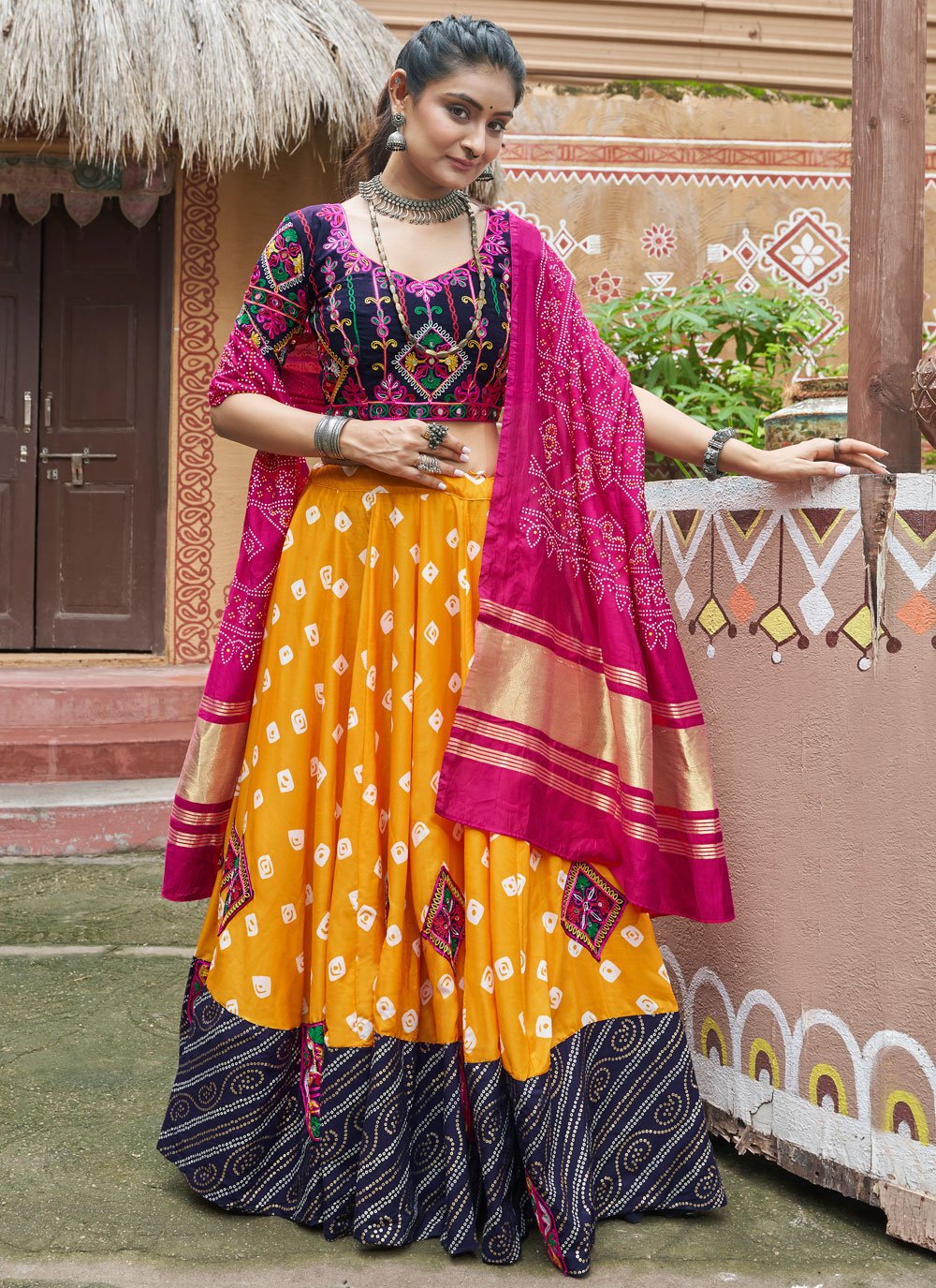 Yellow Embroidered Maslin Cotton Mirror Work Designer Navratri Lehenga