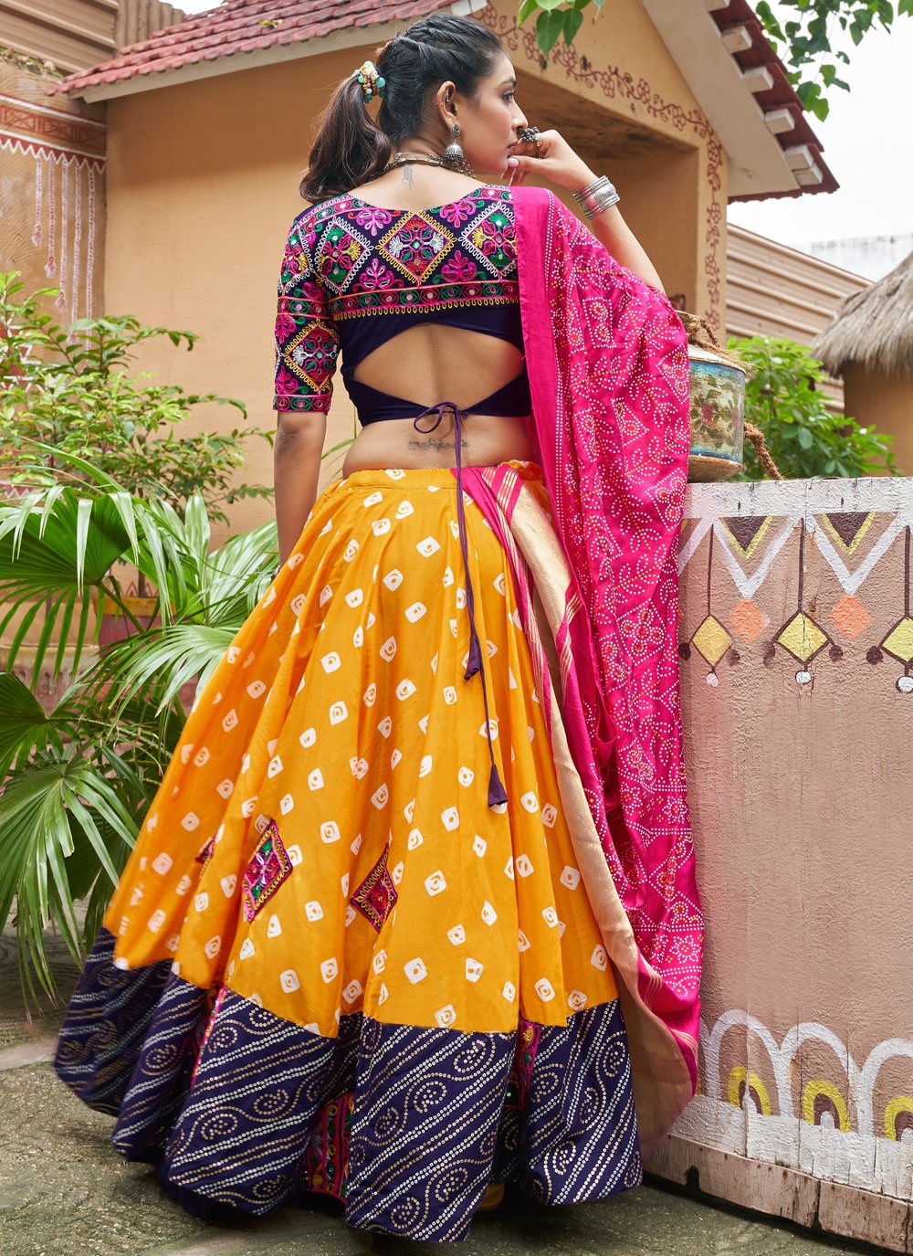 Yellow Embroidered Maslin Cotton Mirror Work Designer Navratri Lehenga