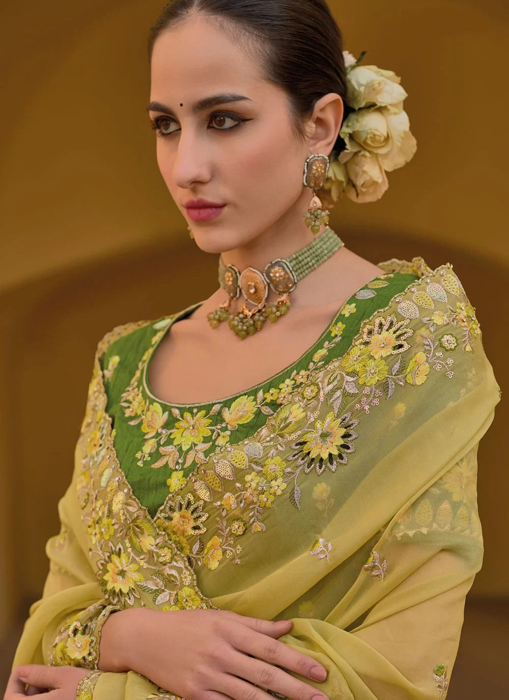 Yellow Fancy Tissue Organza Silk Embroidery Saree