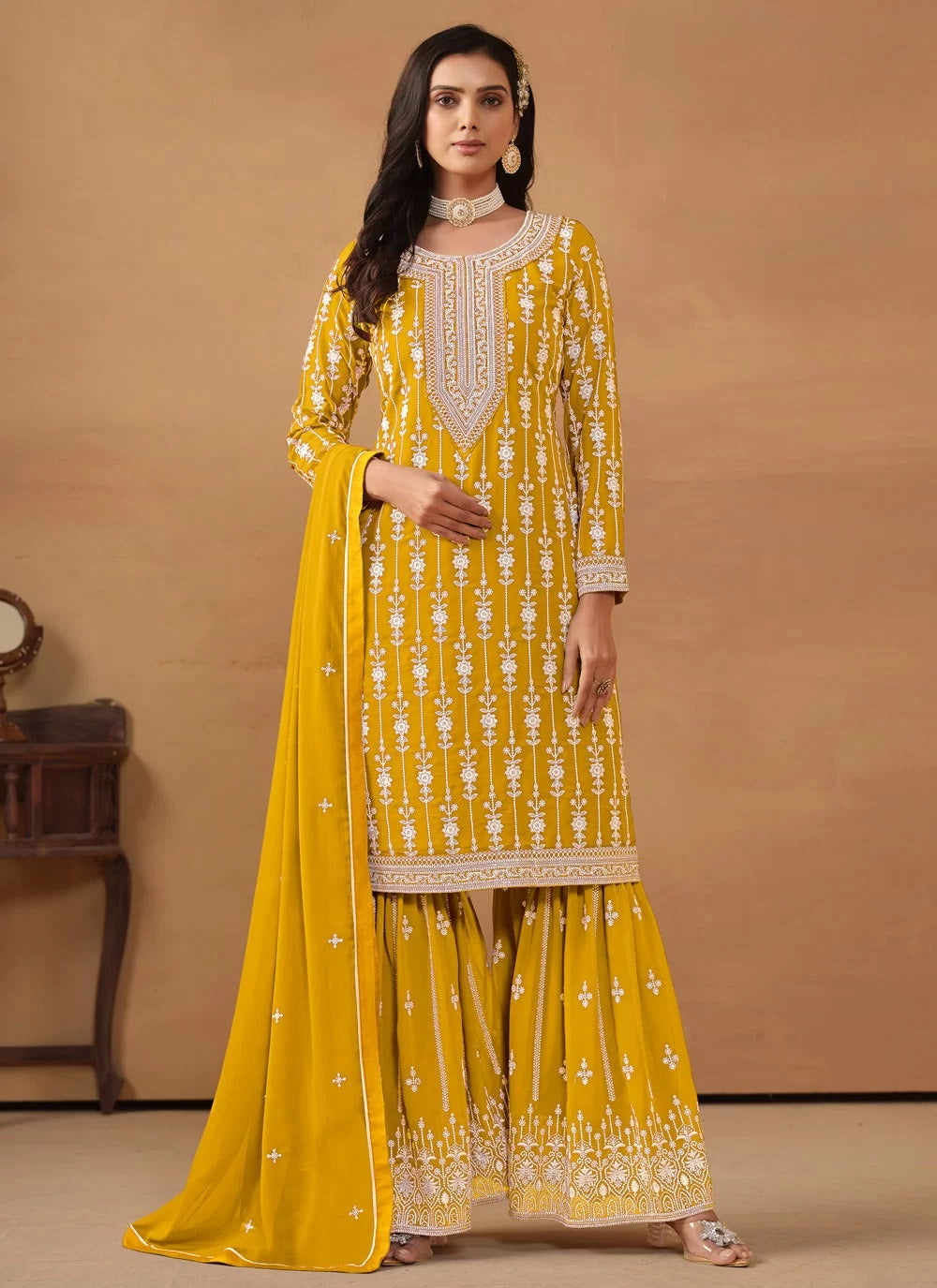 Yellow Faux Georgette Embroidered Palazzo Salwar Suit