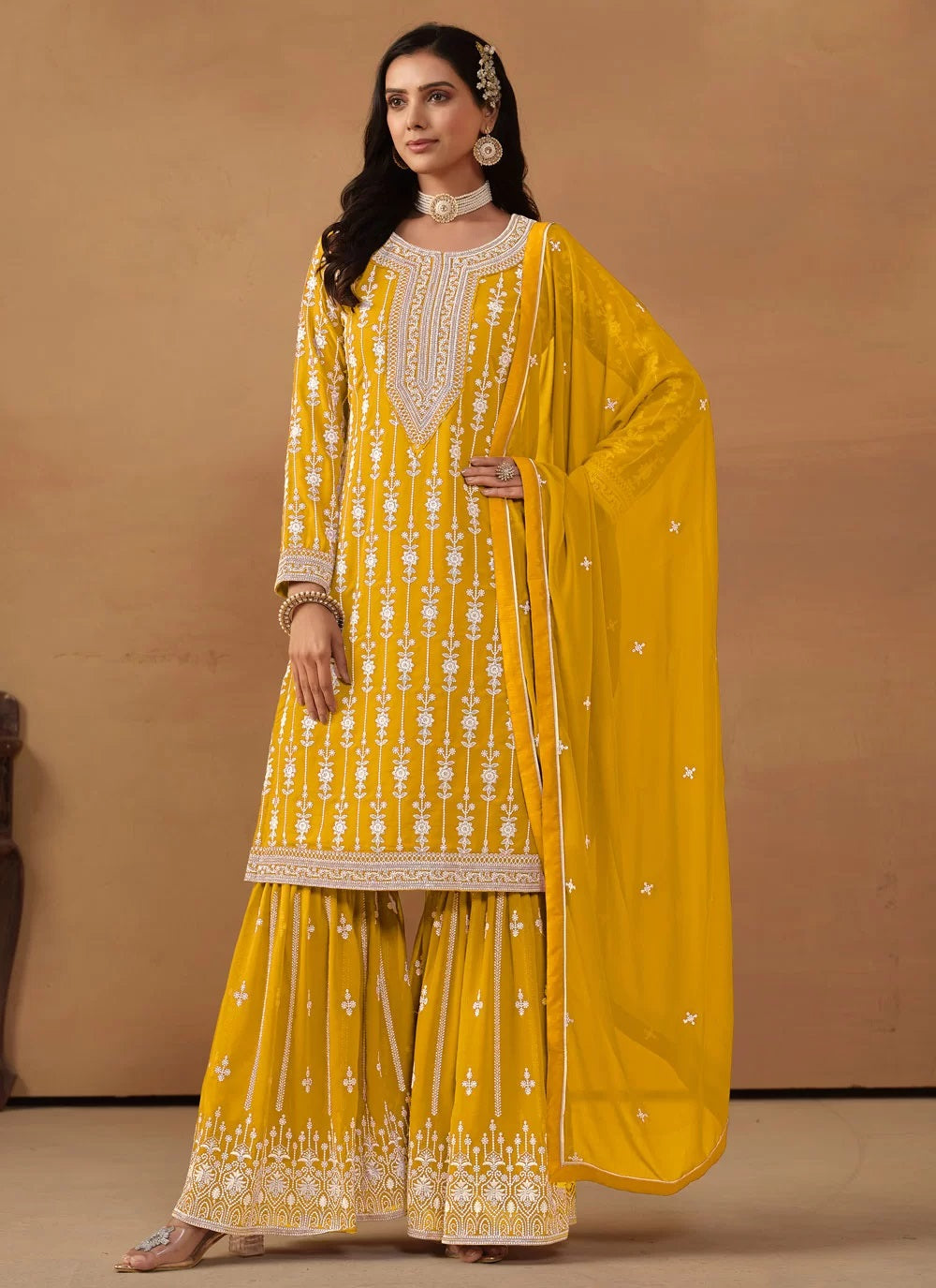 Yellow Faux Georgette Embroidered Palazzo Salwar Suit