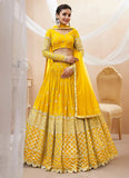 Yellow Georgette Sequins Embroidered Wedding Haldi Lehenga For Women