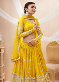 Yellow Georgette Sequins Embroidered Wedding Haldi Lehenga For Women