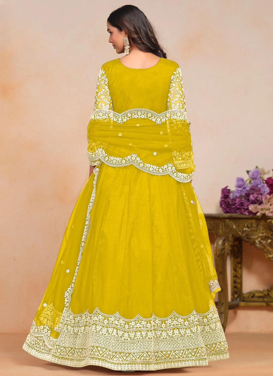 Yellow Pakistani style embroidered Anarkali suit