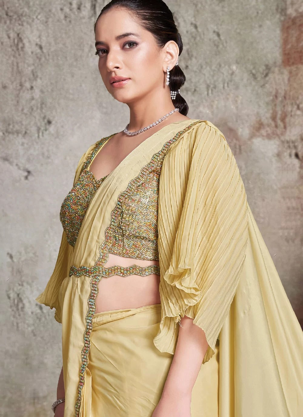 Yellow Ready To Wear Saree in Crepe Satin Silk