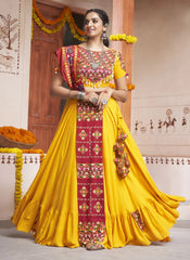 Yellow Rayon Embroidery and mirror work Gujarati chaniya choli