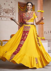 Yellow Rayon Embroidery and mirror work Gujarati chaniya choli