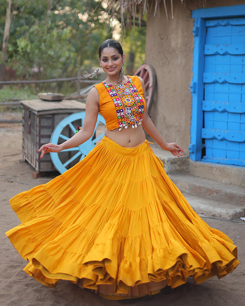 Yellow Rayon Navratri Special Lehenga with 15-Meter Flair and Designer Koti