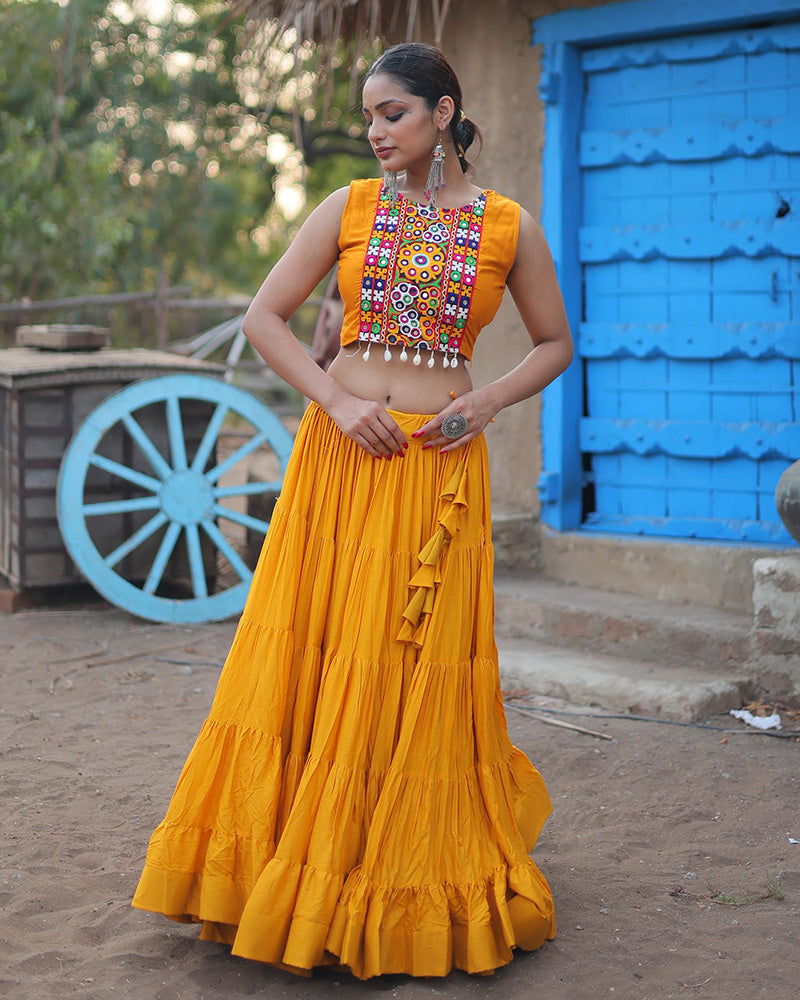 Yellow Rayon Navratri Special Lehenga with 15-Meter Flair and Designer Koti