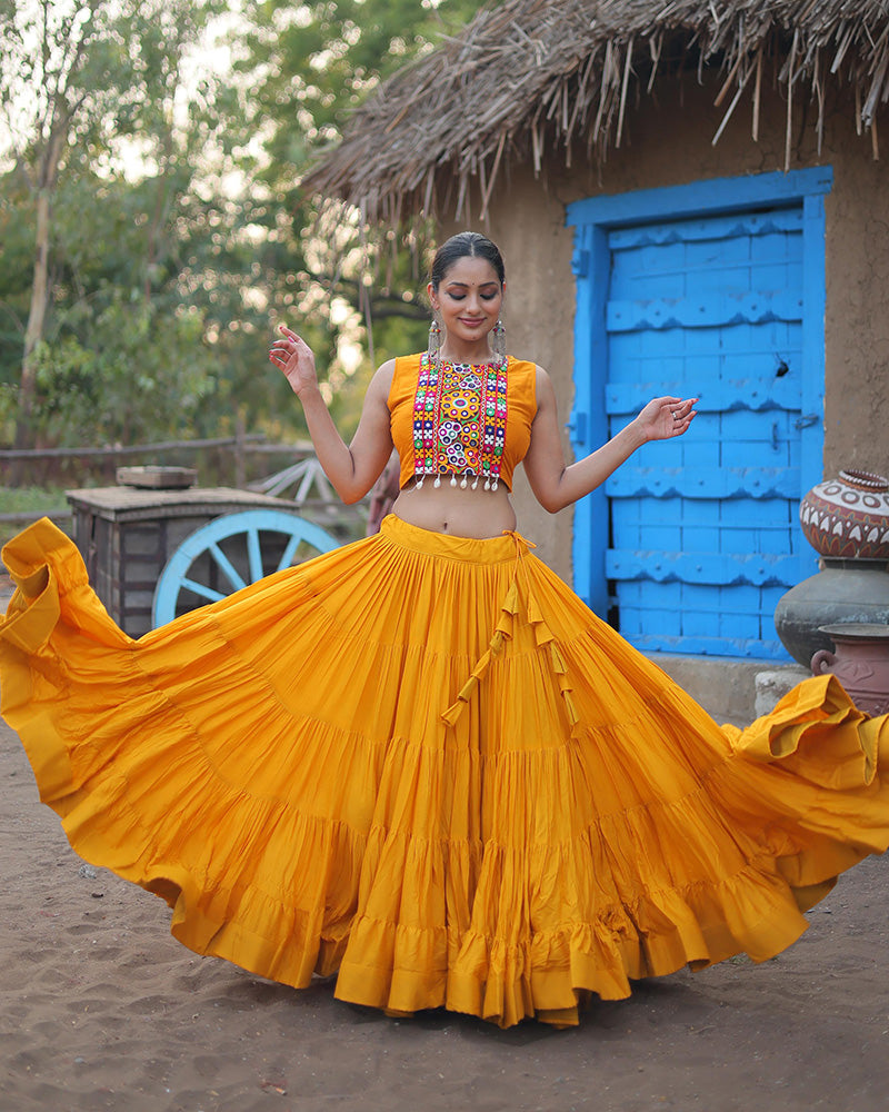 Yellow Rayon Navratri Special Lehenga with 15-Meter Flair and Designer Koti