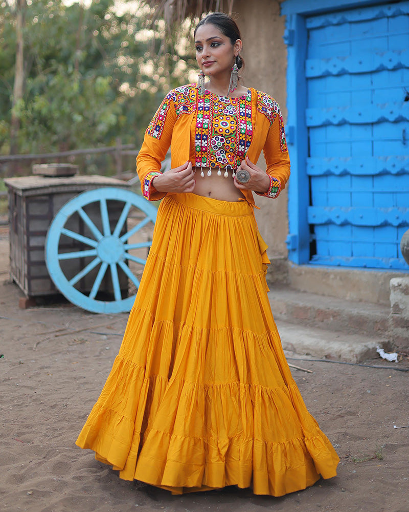 Yellow Rayon Navratri Special Lehenga with 15-Meter Flair and Designer Koti