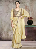 Yellow Crepe Satin Silk Ready To Wear One Minute Saree with Sequins & Aari Work